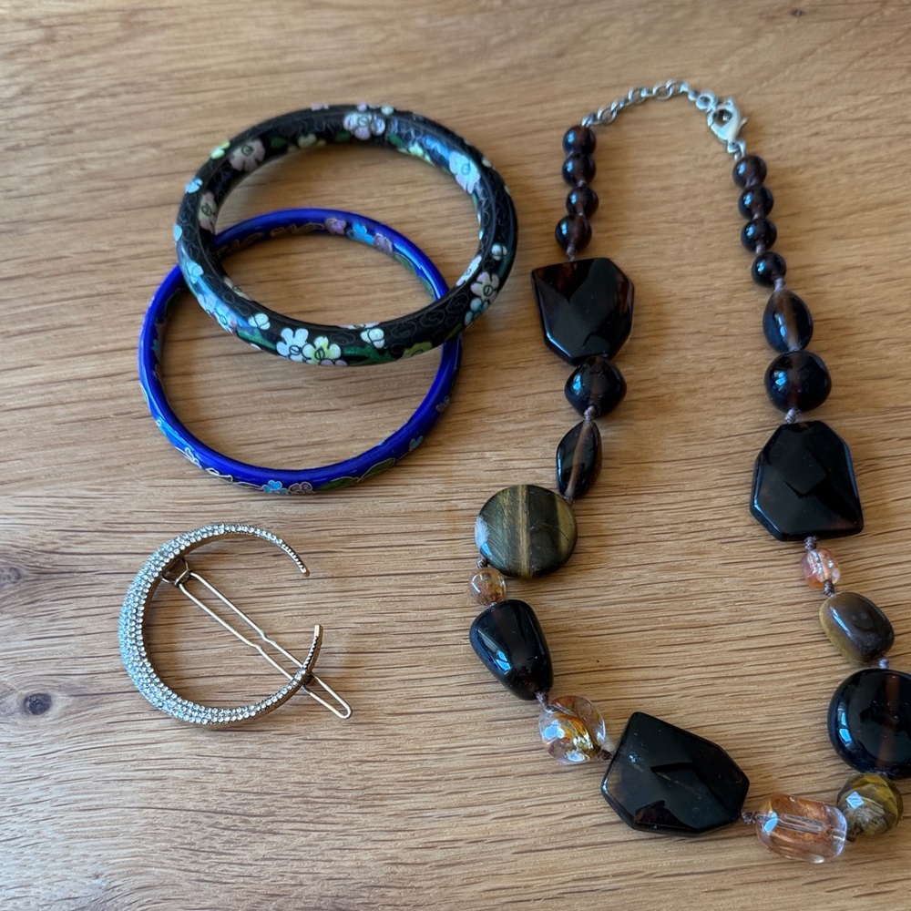Vintage Cloisonné Bracelets, Sparkly Moon Barrette, and Stone Necklace